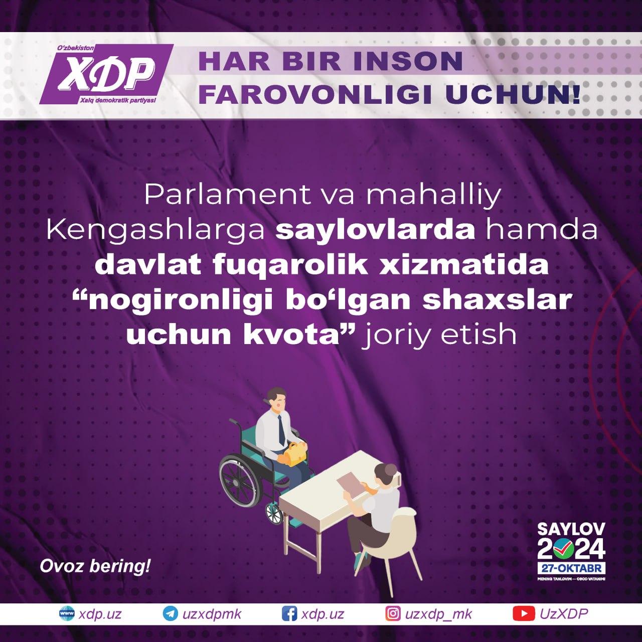 Xalq demokratik partiyasi – nogironligi bo‘lgan shaxslar uchun kvota joriy etish tashabbuskori