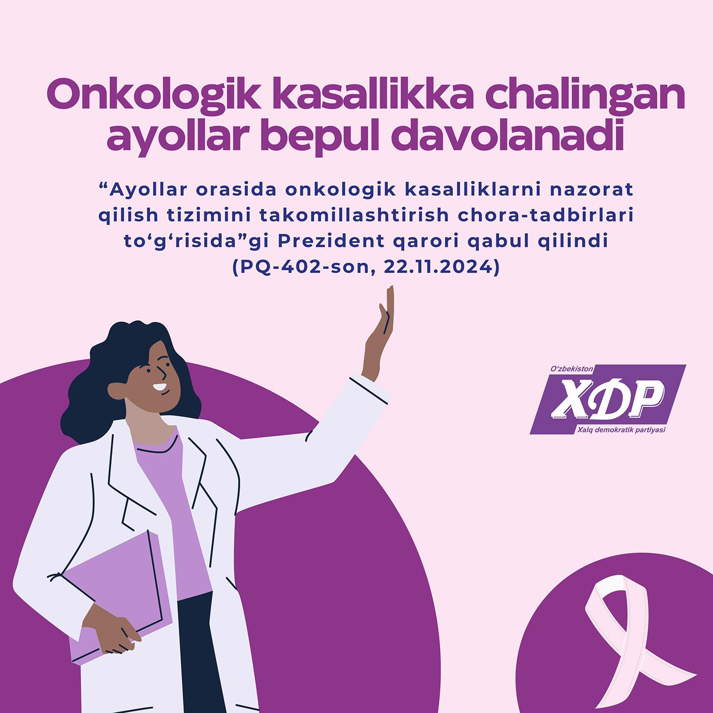 Infografika: Onkologik kasallikka chalingan ayollar bepul davolanadi