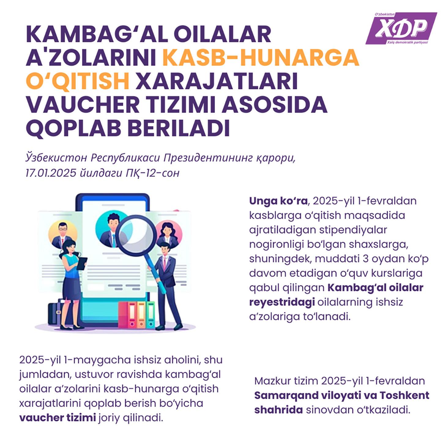 Infografika: Kambag‘al oilalar a’zolarini kasb-hunarga o‘qitish xarajatlari vaucher tizimi asosida qoplab beriladi