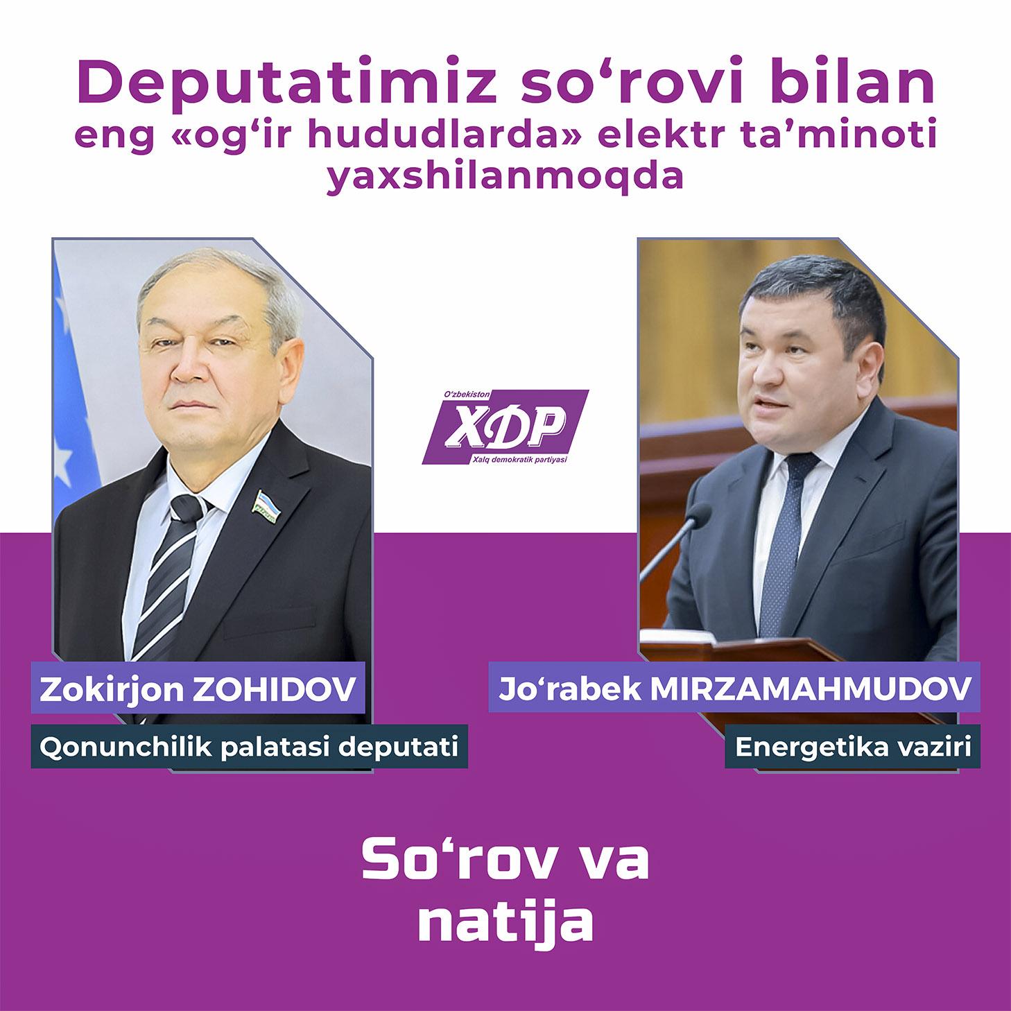 Deputatimiz so‘rovi bilan eng «og‘ir hududlarda» elektr ta’minoti yaxshilanmoqda