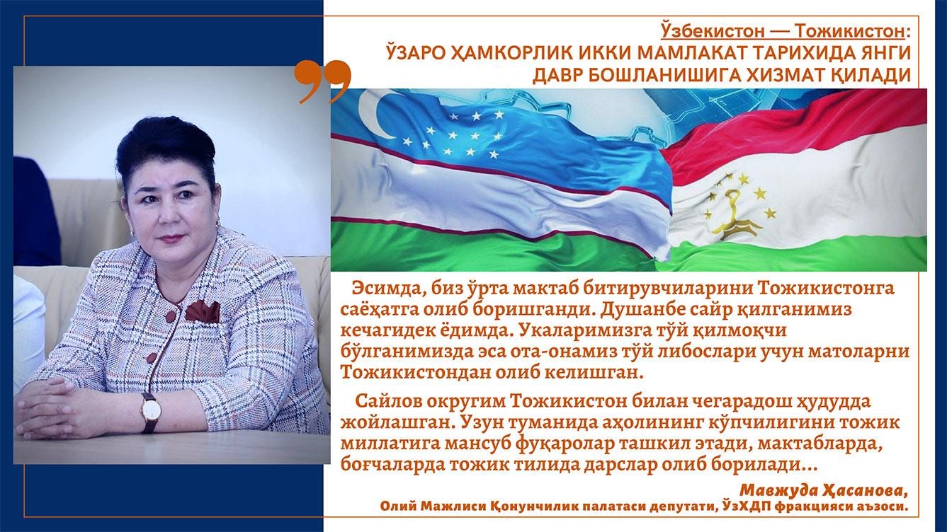 Ўзбекистон — Тожикистон: ўзаро ҳамкорлик икки мамлакат тарихида янги давр бошланишига хизмат қилади