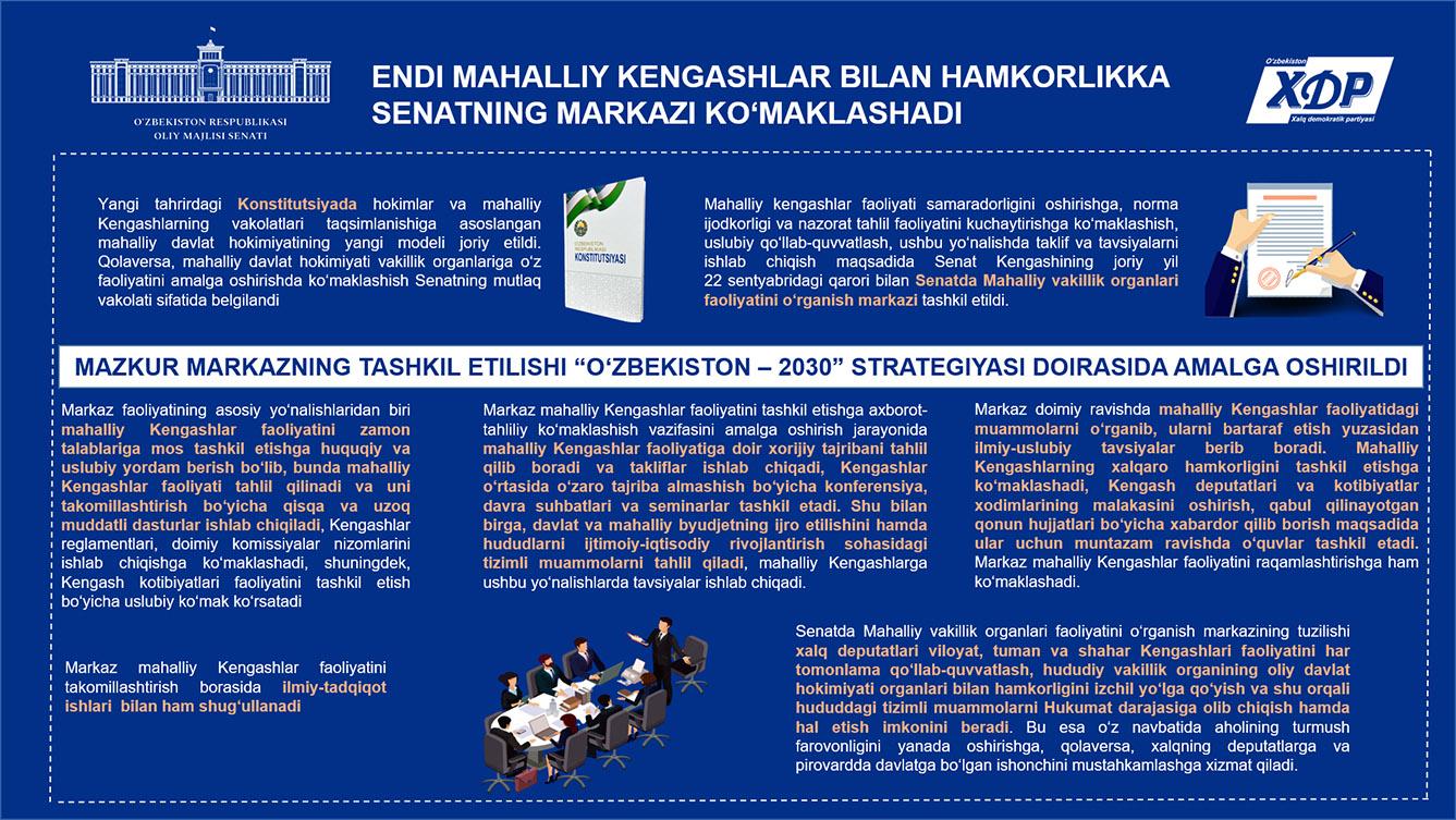 Infografika: Endi mahalliy Kengashlar bilan hamkorlikka Senatning markazi ko‘maklashadi