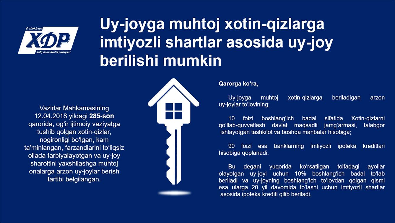 Infografika: Uy-joyga muhtoj xotin-qizlarga imtiyozli shartlar asosida uy-joy berilishi mumkin