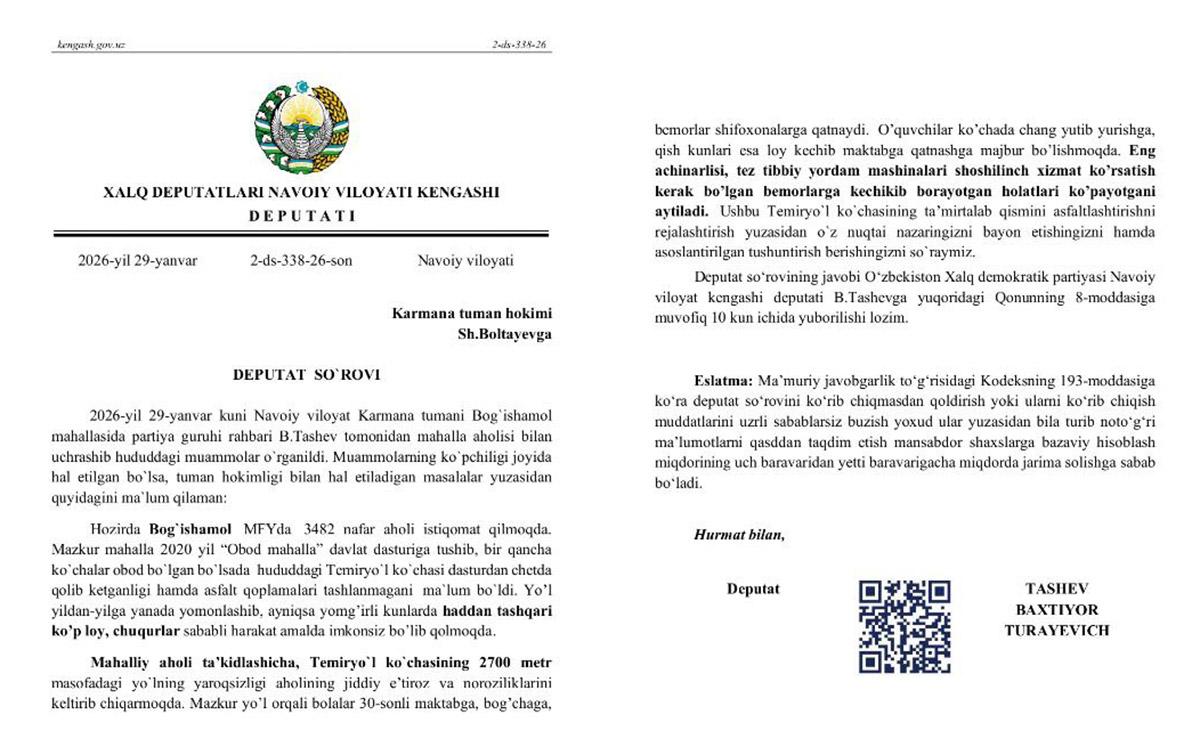 Deputatimiz yo‘l muammosi yuzasidan deputatlik so‘rovi yubordi