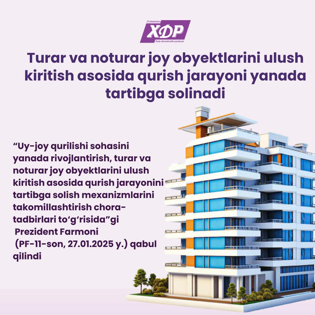 Infografika: Turar va noturar joy obyektlarini ulush kiritish asosida qurish jarayoni yanada tartibga solinadi